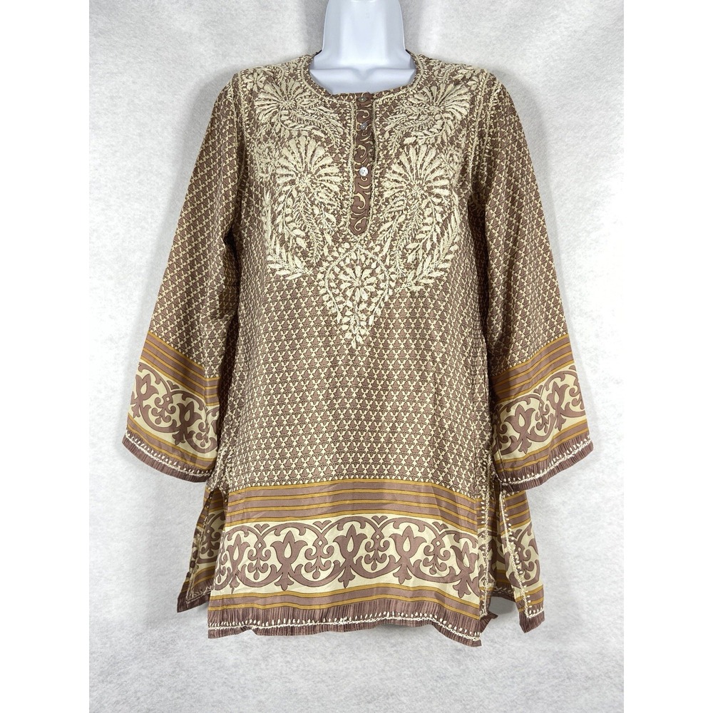 Jayshree Dalal Boutique Top Small Silk Blend Embroidered Taupe Beige Rich Print